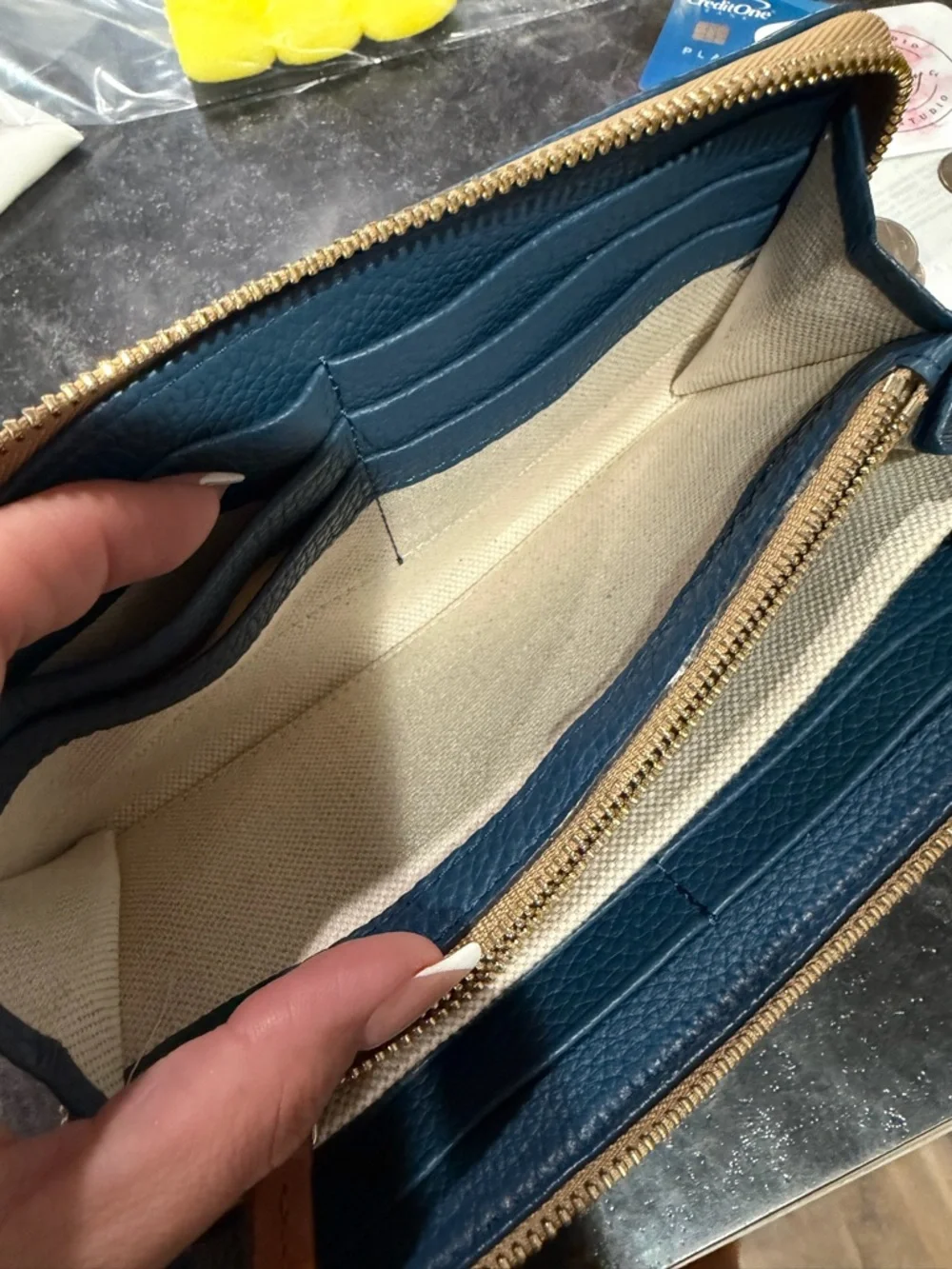 Dooney & Bourke Navy Pebbled Leather Zip Wallet with Brown Patch - Picture 9 of 11